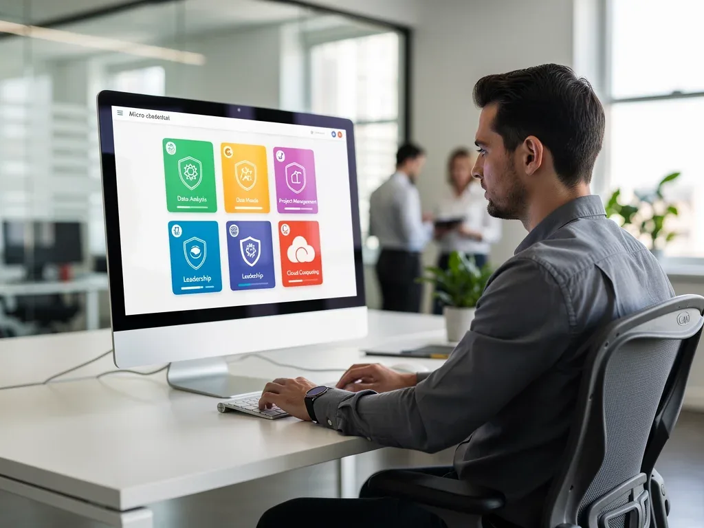 Professional reviewing digital micro-credential badges on a screen