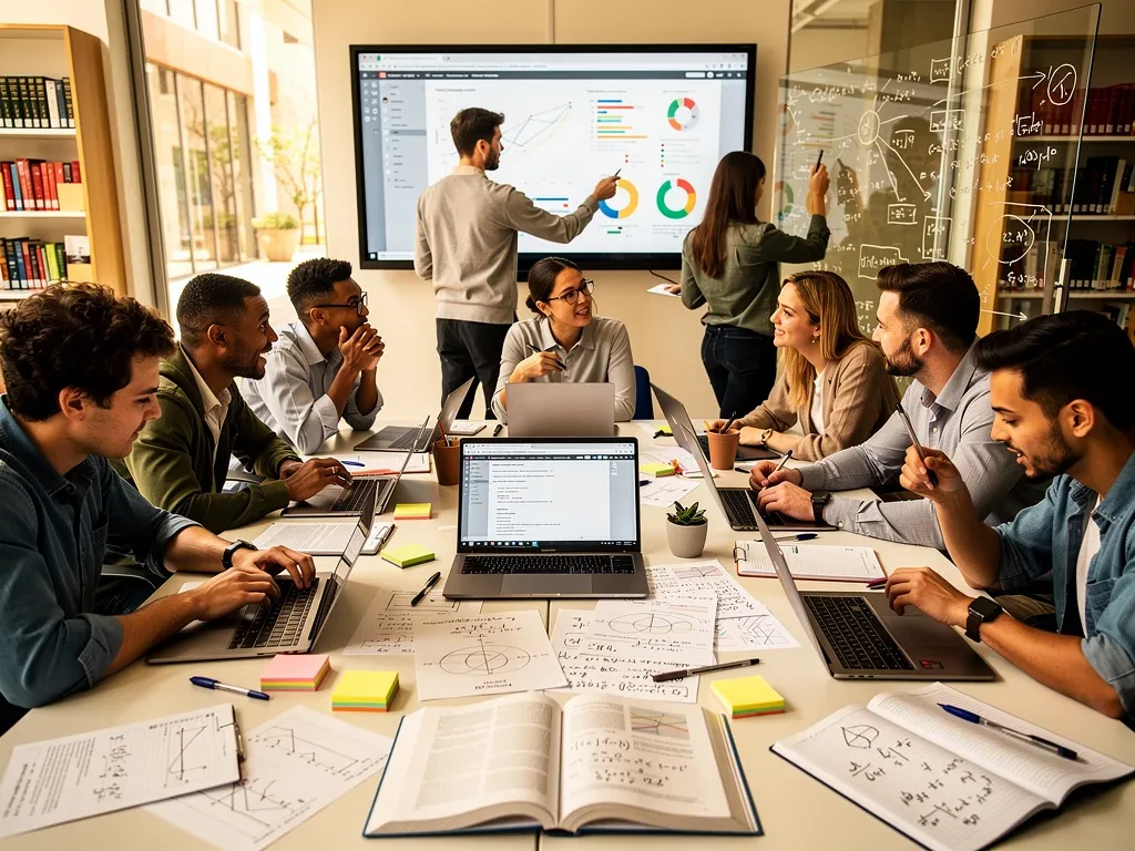 University students collaborating on a complex master's degree project