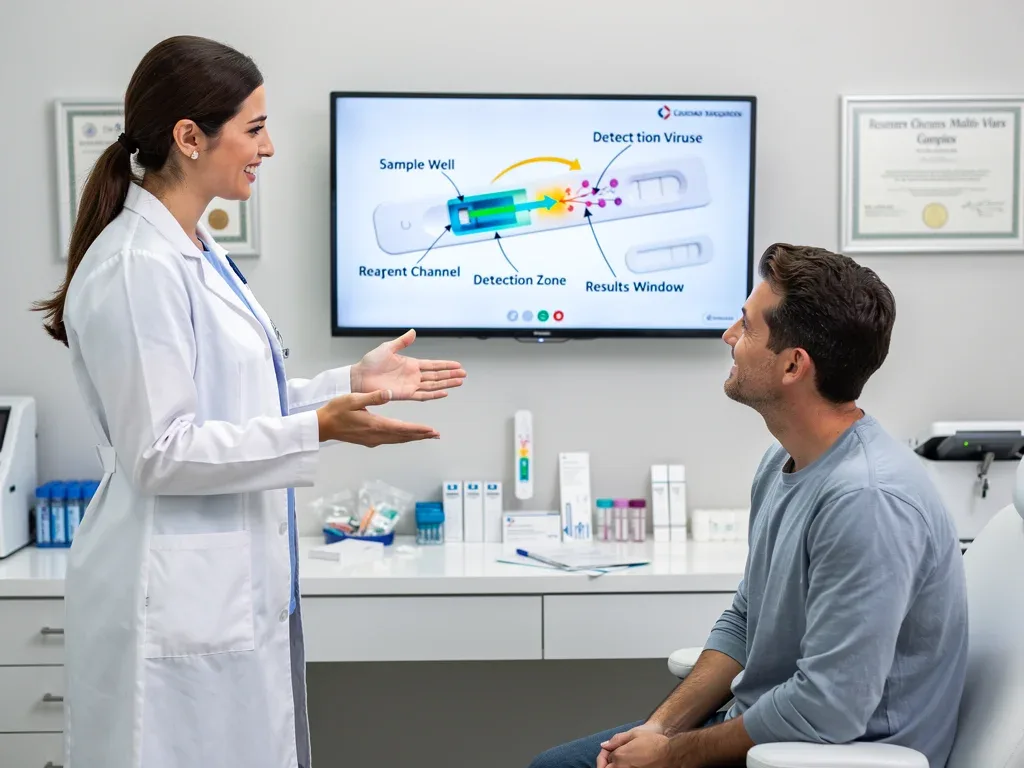 Doctor discussing benefits of rapid at-home multi-virus diagnostic device with patient
