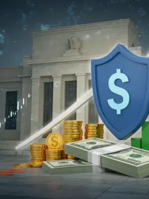 Shield guarding US dollars and investment symbols from rising interest rate graph