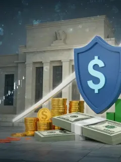 Shield guarding US dollars and investment symbols from rising interest rate graph