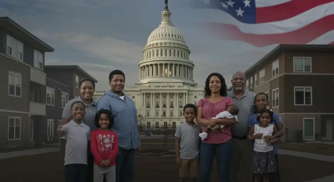 Families standing before new housing, symbolizing the Federal Housing Initiative 2026 impact.