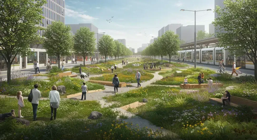 Newly developed urban park with public transportation