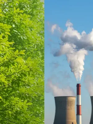 Illustration of reduced industrial pollution with green elements, symbolizing progress in cutting US carbon emissions.