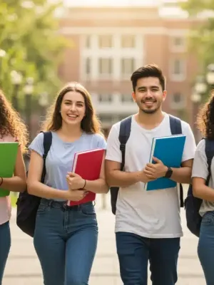 Diverse college students on campus, symbolizing educational opportunity and success.