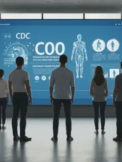 Diverse Americans viewing CDC public health guidelines on a large screen