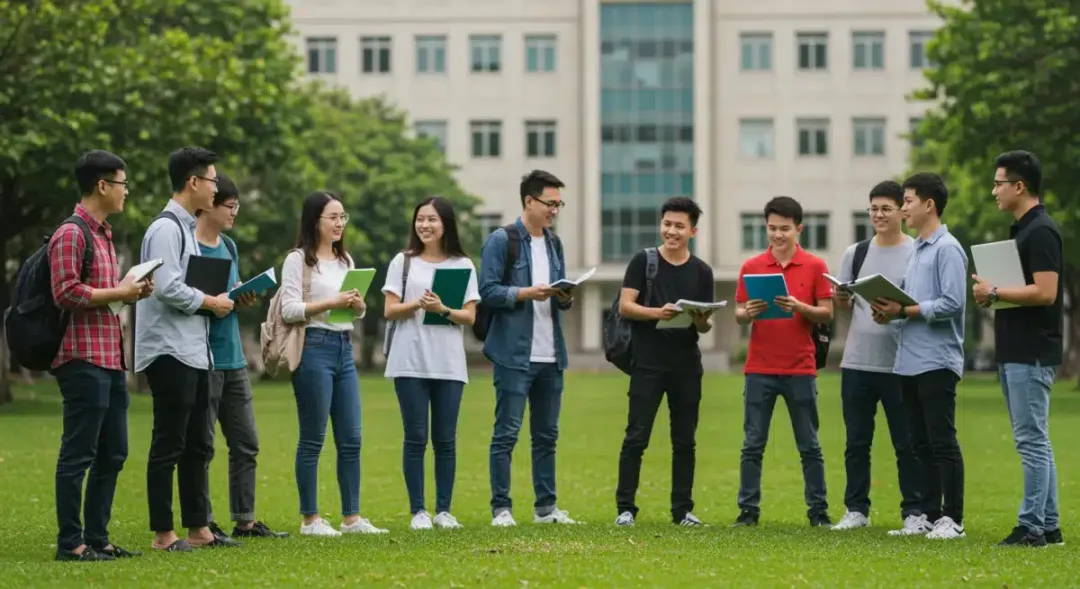 College students discussing financial aid on campus