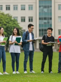 College students discussing financial aid on campus