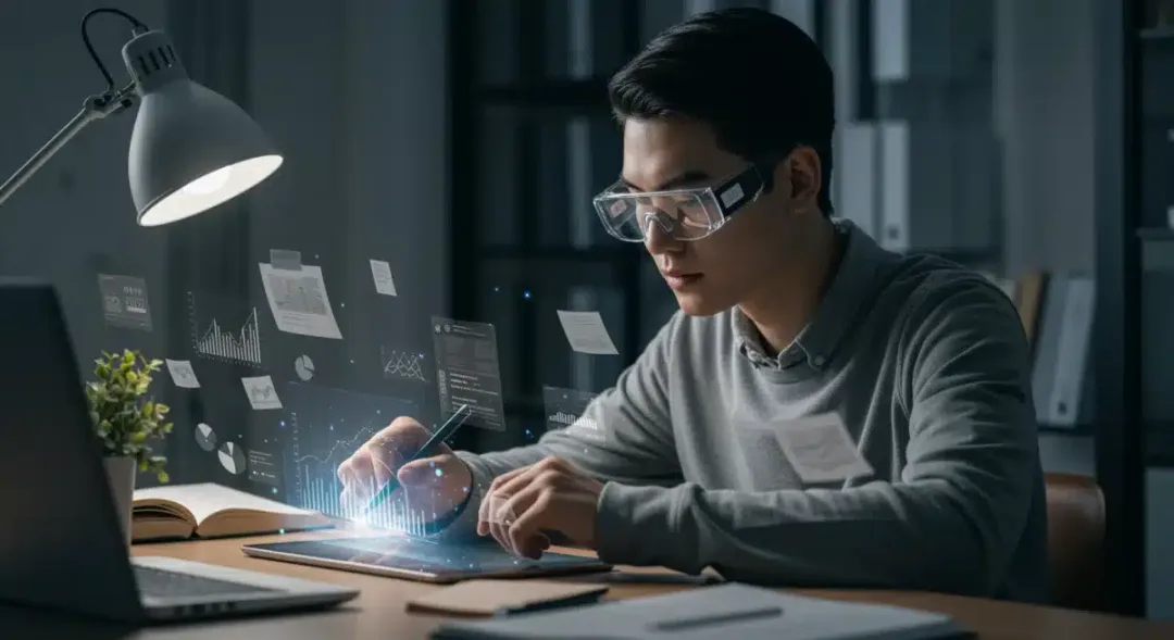 Student actively engaged in futuristic online learning session, holographic display