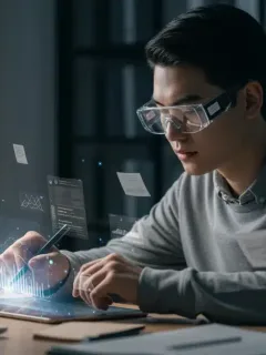 Student actively engaged in futuristic online learning session, holographic display