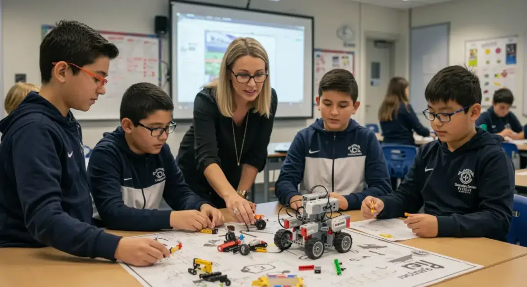 K-12 students collaborating on a STEM project in a modern classroom, embodying future-ready education.