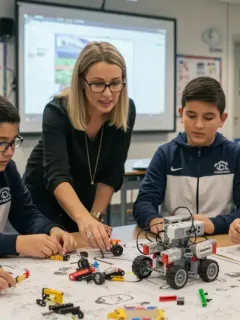 K-12 students collaborating on a STEM project in a modern classroom, embodying future-ready education.