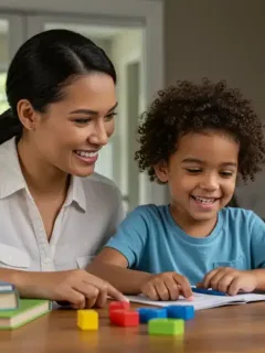 Parent and child studying math and reading at home, engaged with educational materials.