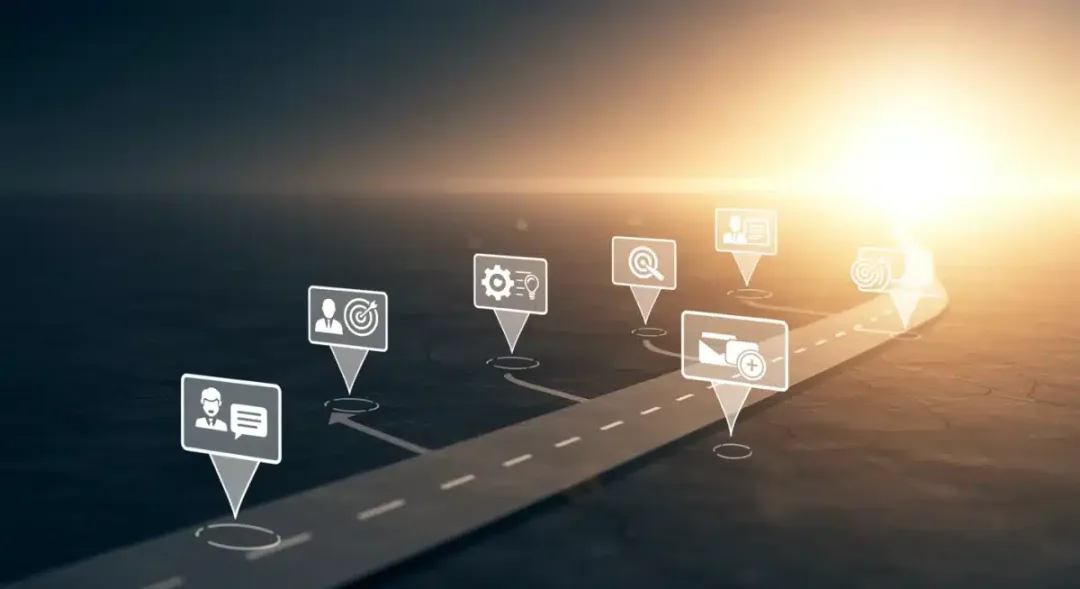 Career path with branching micro-credential icons leading to professional growth.