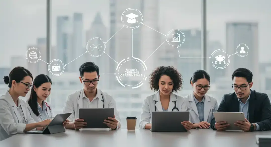 Professionals learning new skills through micro-credentials on digital devices, with a modern cityscape backdrop.