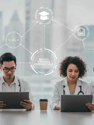 Professionals learning new skills through micro-credentials on digital devices, with a modern cityscape backdrop.