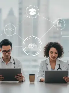 Professionals learning new skills through micro-credentials on digital devices, with a modern cityscape backdrop.