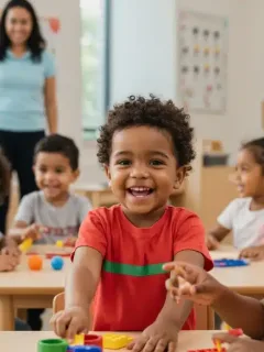 Children learning in a bright preschool classroom, symbolizing expanded early childhood education access.