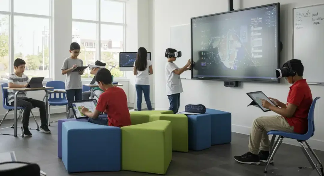 K-12 students using new educational technology tools in a modern classroom for enhanced learning outcomes.