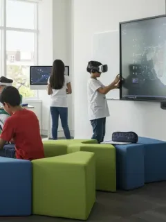 K-12 students using new educational technology tools in a modern classroom for enhanced learning outcomes.