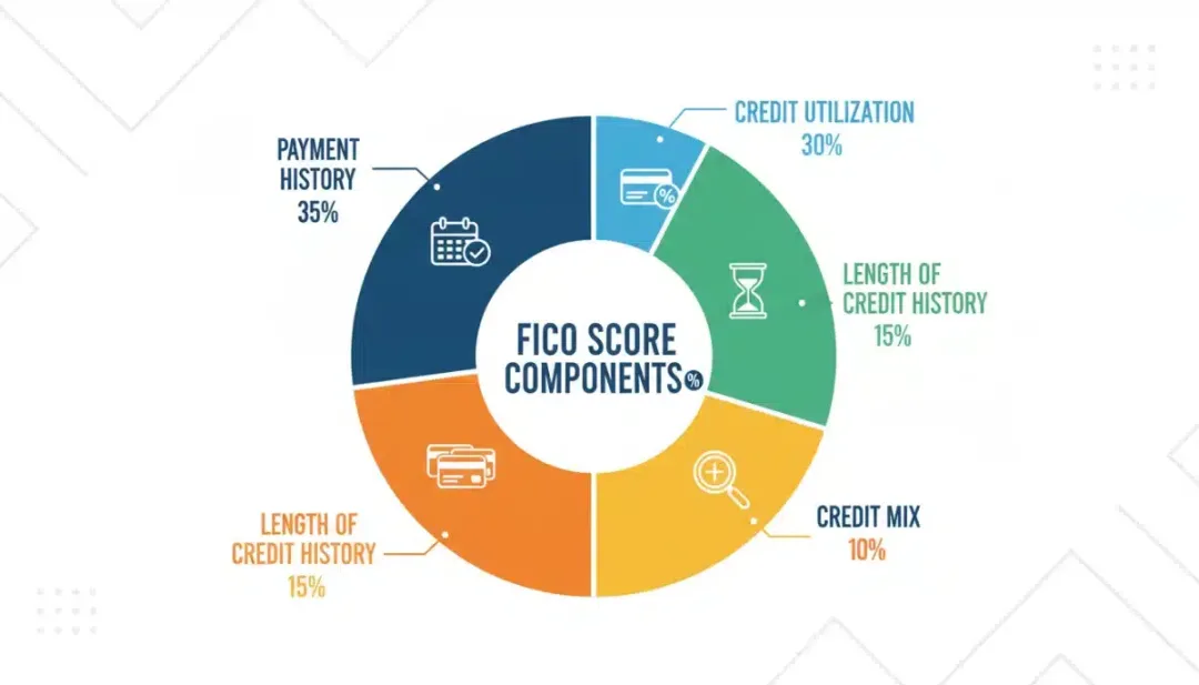 Infographic showing FICO score components: payment history, credit utilization, credit history length, new credit, and credit mix.