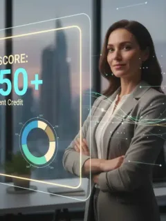 Person confidently viewing a 750+ FICO score on a digital dashboard, representing successful credit score optimization.