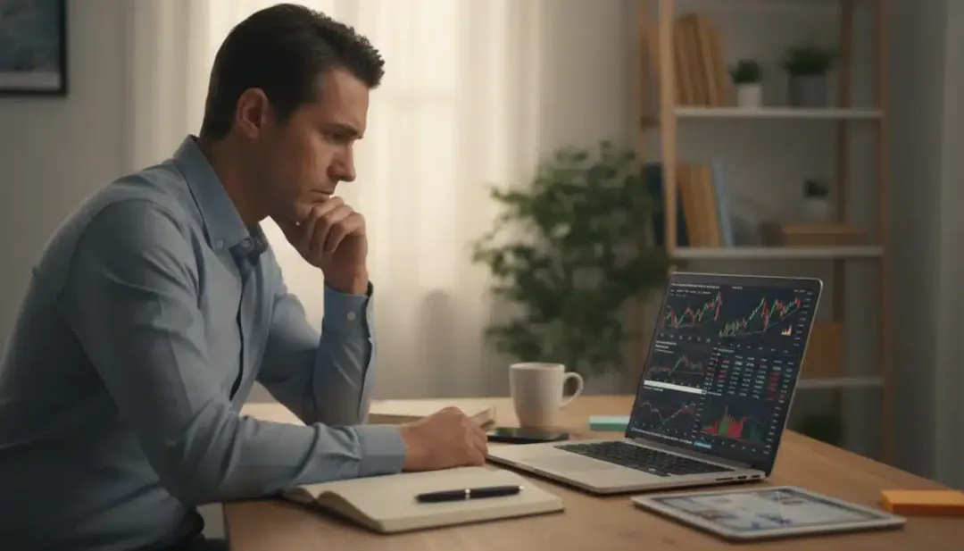 Individual analyzing financial data on a laptop, reflecting on personal finance decisions for 2026 amidst US economic growth.