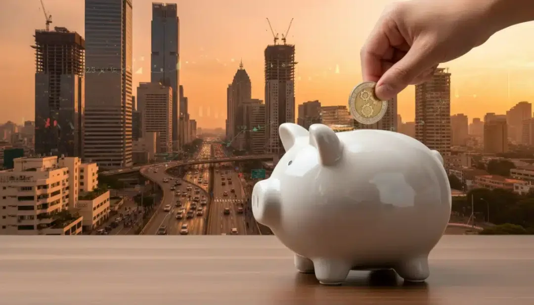 Hand depositing coins into a piggy bank, symbolizing savings and investment strategies in response to US economic growth.