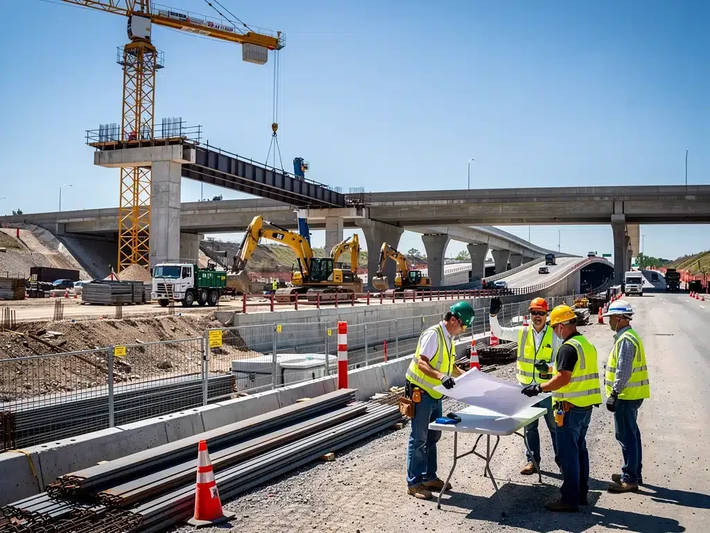 Construction workers and heavy machinery on a bridge construction site, symbolizing job creation from infrastructure spending.
