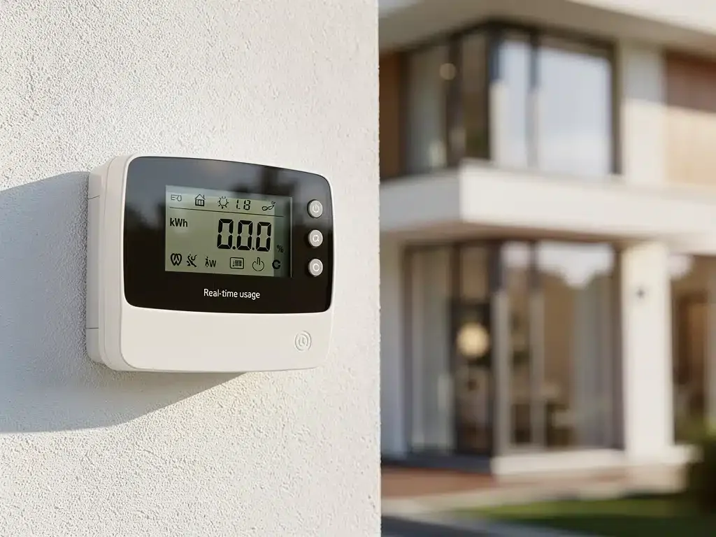 Smart meter showing energy consumption in a modern US home, reflecting new energy policies.