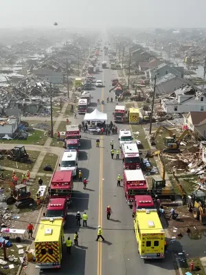 Aerial view of disaster-stricken community receiving federal aid. Federal Aid Disaster Relief