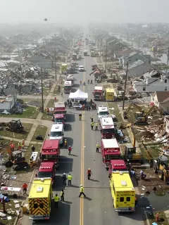 Aerial view of disaster-stricken community receiving federal aid. Federal Aid Disaster Relief
