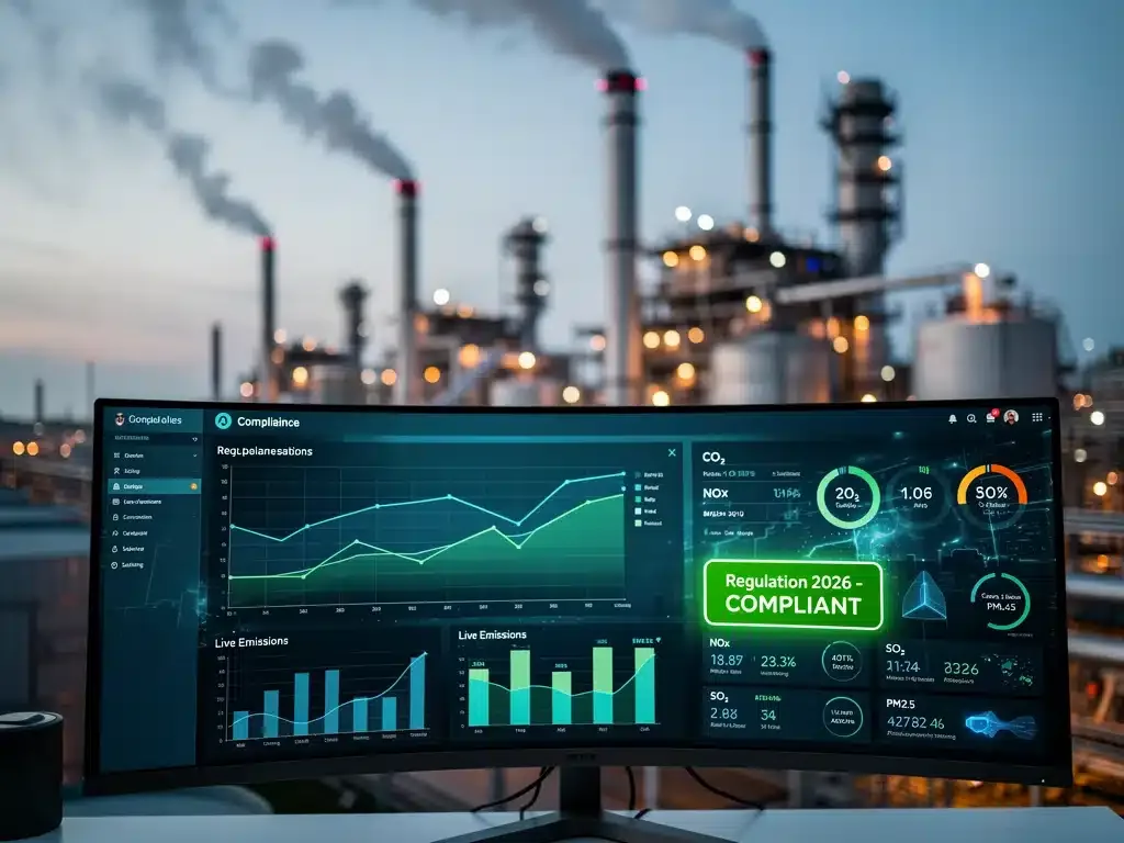 Industrial smokestacks with digital monitoring systems for emissions compliance.