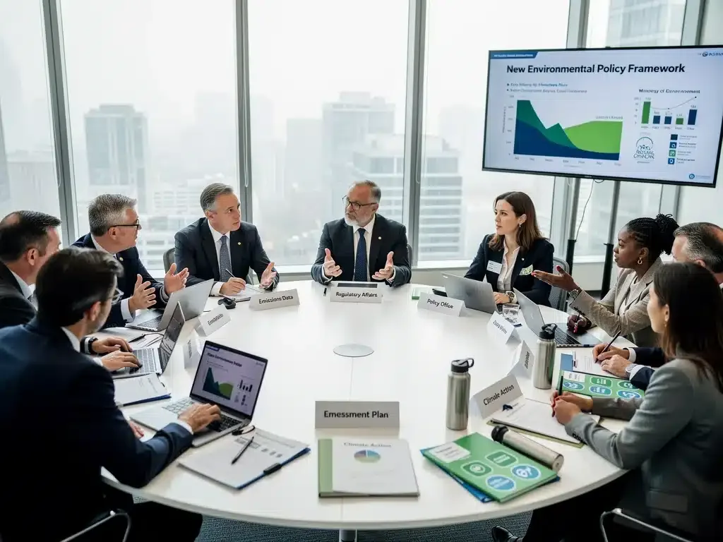 Stakeholders discussing environmental policy and compliance at a conference.
