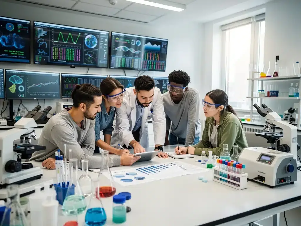 University students collaborating in a lab, reflecting interdisciplinary learning in emerging fields.