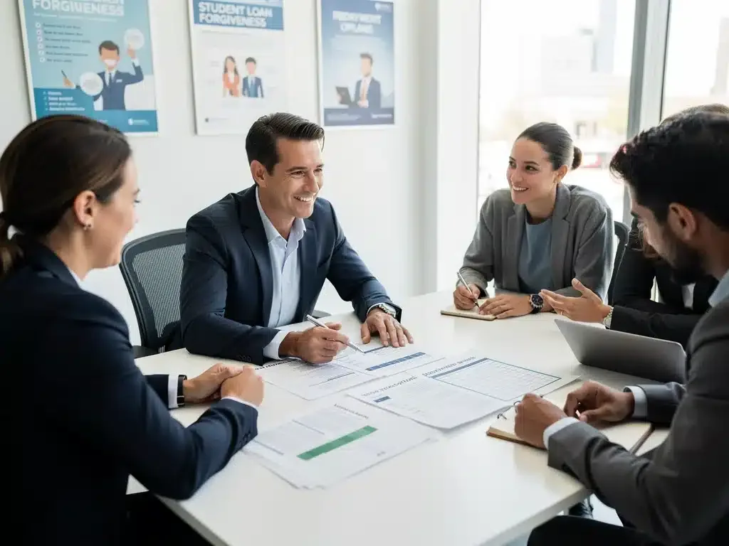 Financial advisor explaining student loan forgiveness options to a borrower.