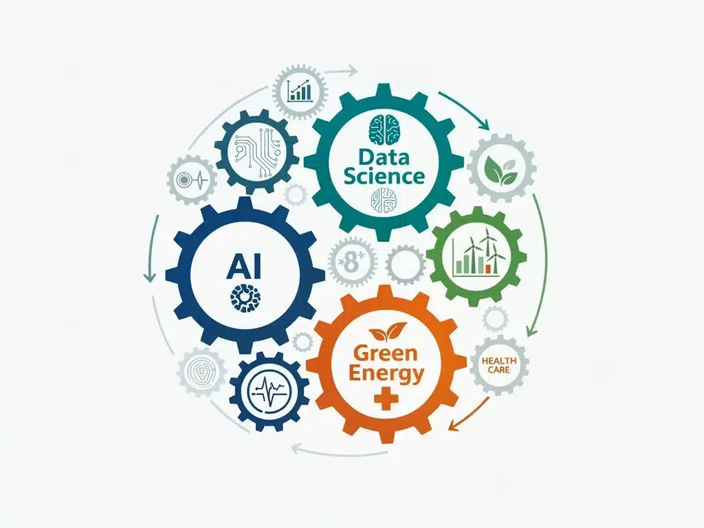 Infographic depicting interconnected industries and in-demand skills for the future workforce