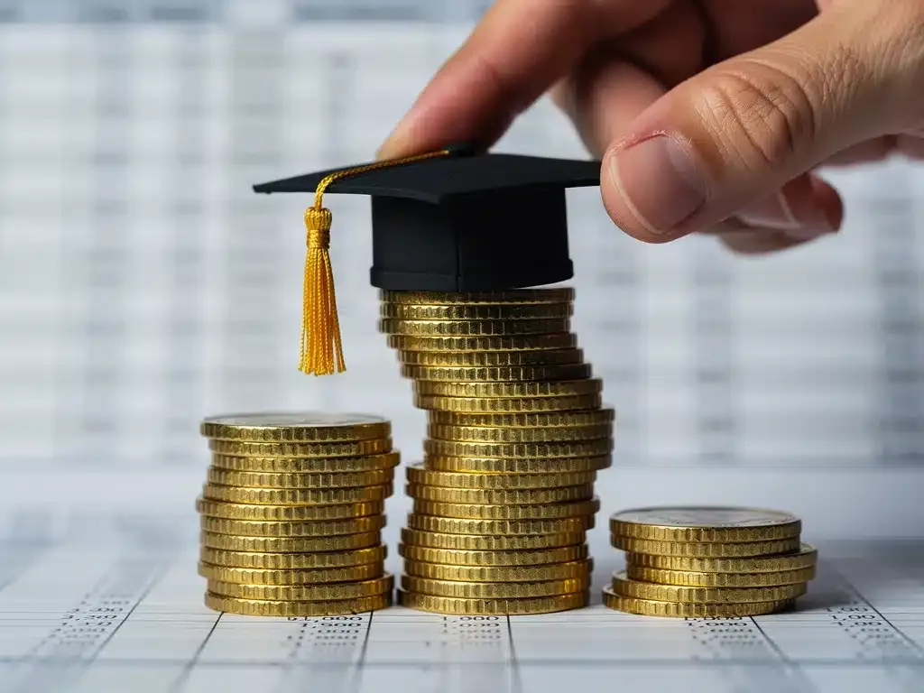 Hand placing a graduation cap on a stack of coins, representing successful college savings.