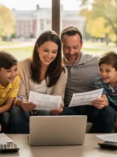Family reviewing 529 college savings plan documents on a laptop with a college campus background.