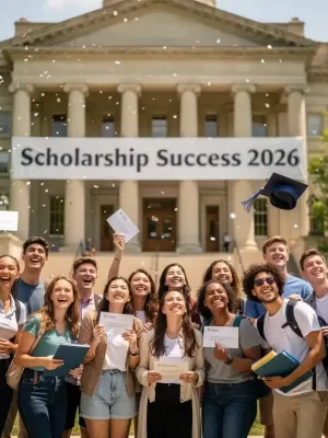 Students celebrating scholarship awards at a US university, symbolizing financial aid success for 2026.