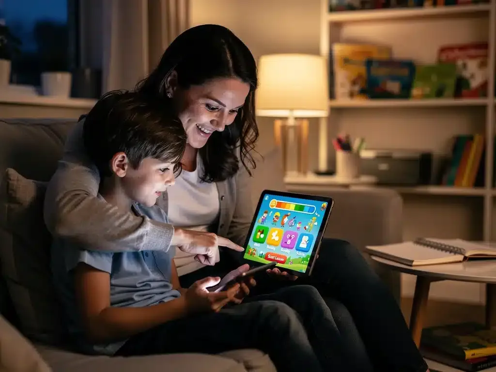 Parent and child engaged with an educational app at home, demonstrating K-12 tech integration.