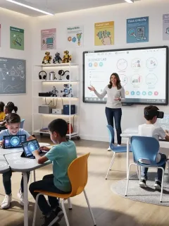 Futuristic K-12 classroom with students using advanced education technology in 2026.
