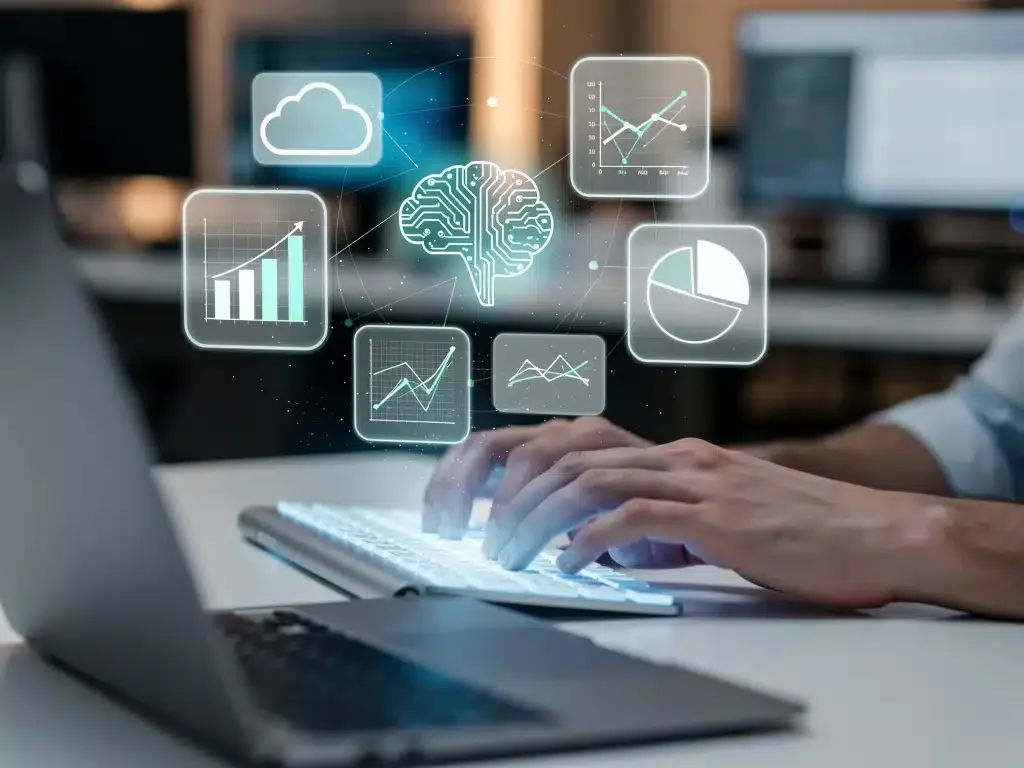 Hands typing on a keyboard, surrounded by digital technology icons.