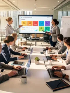 Professionals learning digital skills in a modern office setting.