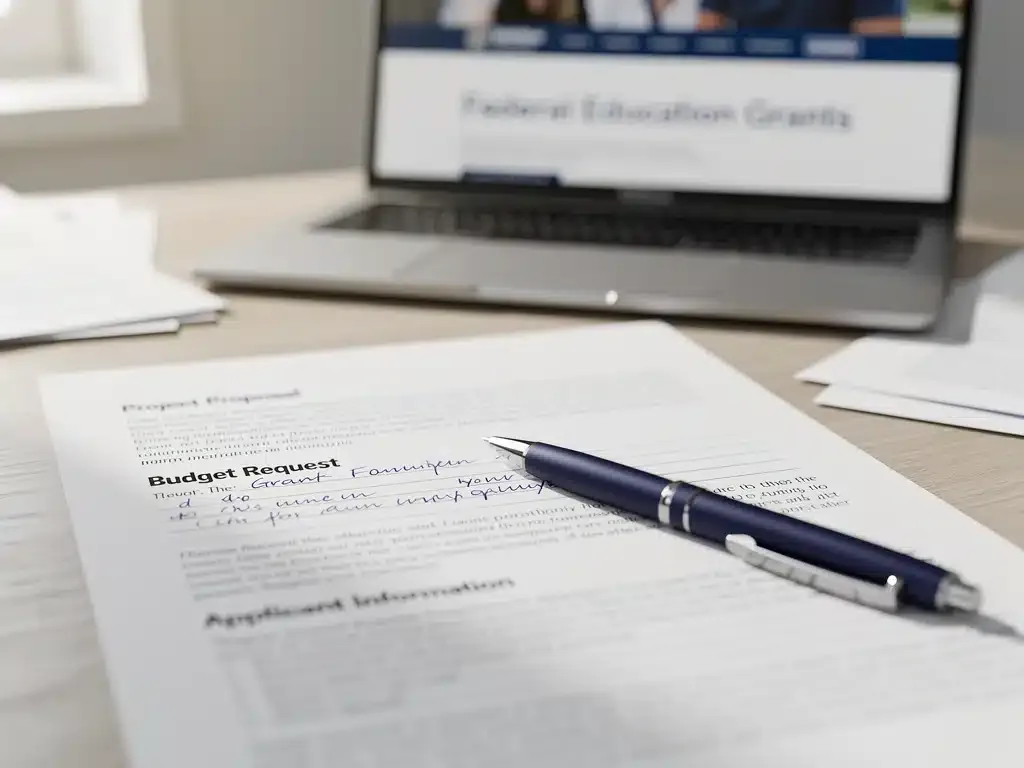 Grant application form being meticulously filled out, symbolizing the detailed process for federal education funding.