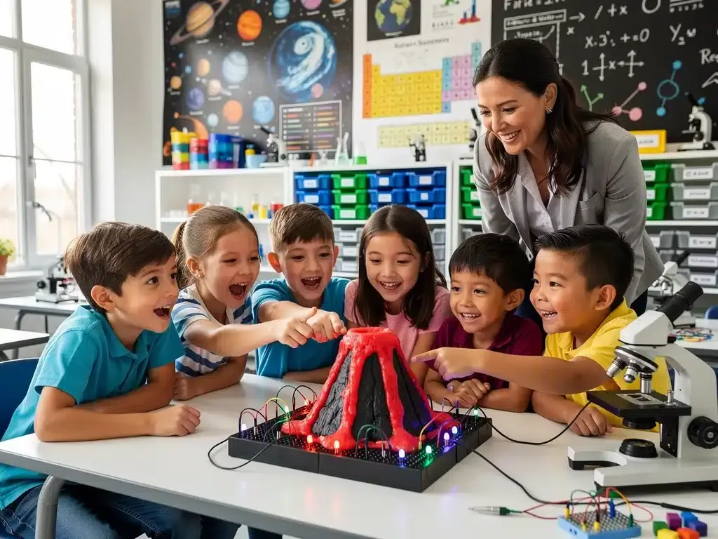 Elementary students proudly presenting a vibrant science project, demonstrating successful STEM learning.