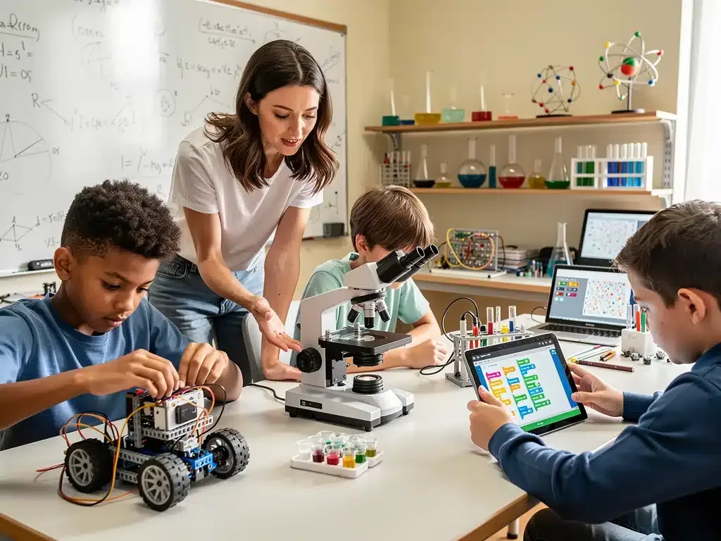 K-12 students actively participating in hands-on STEM projects with a teacher in a modern classroom setting. Federal Grants K-12 STEM.