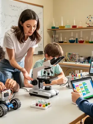 K-12 students actively participating in hands-on STEM projects with a teacher in a modern classroom setting. Federal Grants K-12 STEM.