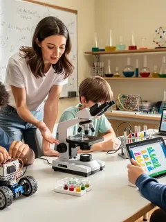 K-12 students actively participating in hands-on STEM projects with a teacher in a modern classroom setting. Federal Grants K-12 STEM.