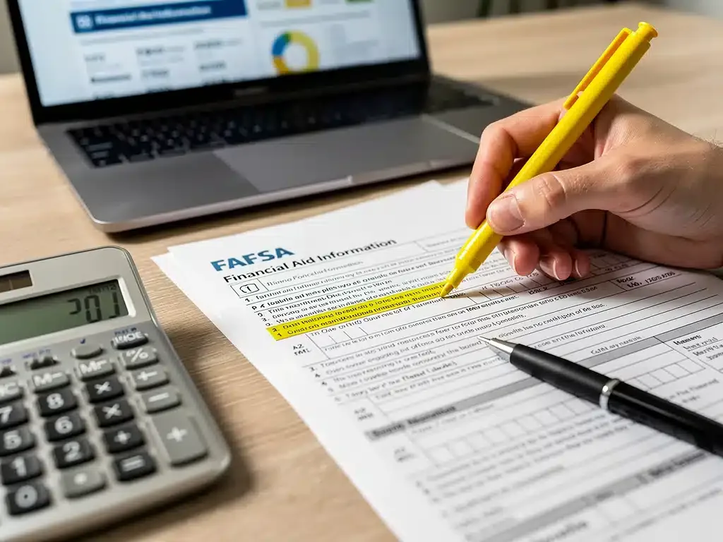 Hand highlighting crucial FAFSA form details for financial aid